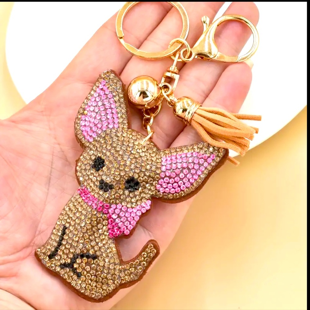 Crystal Rhinestone Chihuahua Keychain Brown/Pink
